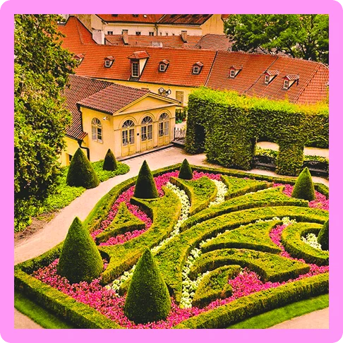 Image description: An aerial view of a manicured garden in Prague