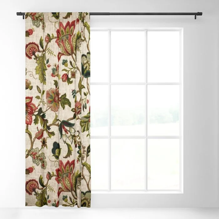 Red Green Jacobean Floral Embroidery Pattern Blackout Curtain Blackout Curtain