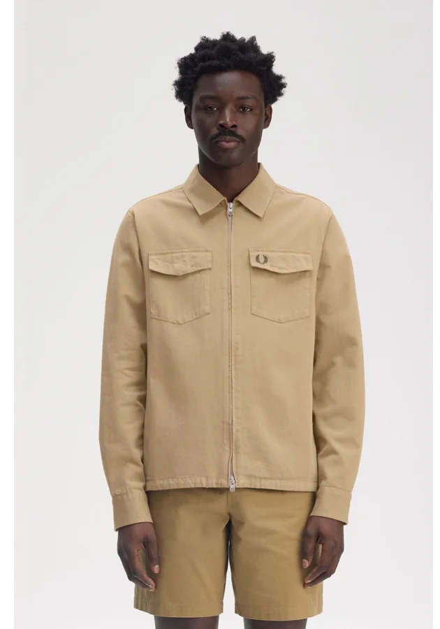 Twill Zip-Through Overshirt in a warm sand colour