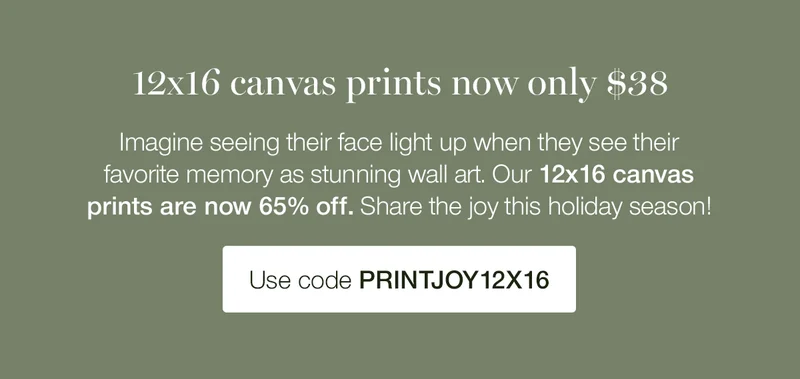 12x16 canvas prints now only $38. Imagine seeing their face light up when they see their favorite memory as stunning wall art. Our 12x16 canvas prints are now 65% off. Share the joy this holiday season!