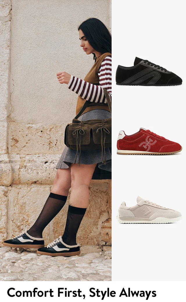 A model wearing a striped shirt, grey skirt, sheer high socks and black-and-white Dolce Vita sneakers. A red suede sneaker; a black suede sneaker with leather design; a two-toned suede beige sneaker.
