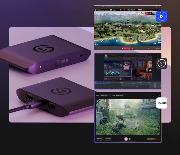 4K S device and images of OBS, iPasOS and Elgato Studio software.