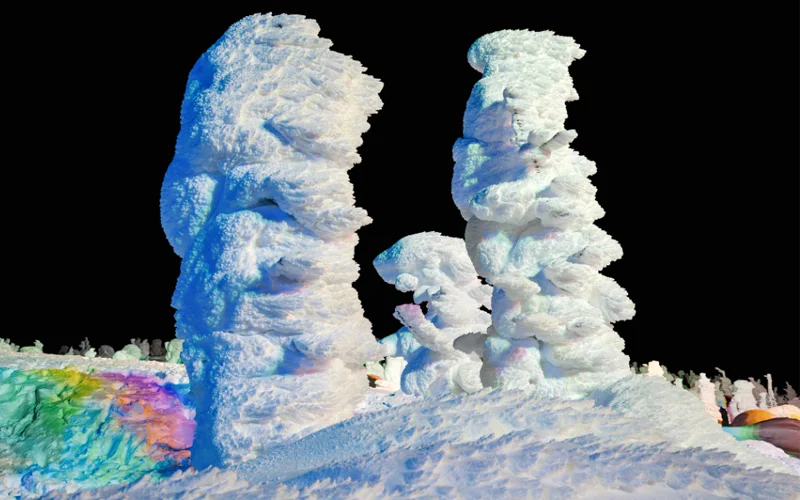 At night, the Zao Snow Monsters are illuminated with colored lights so visitors can continue to marvel them after dark.