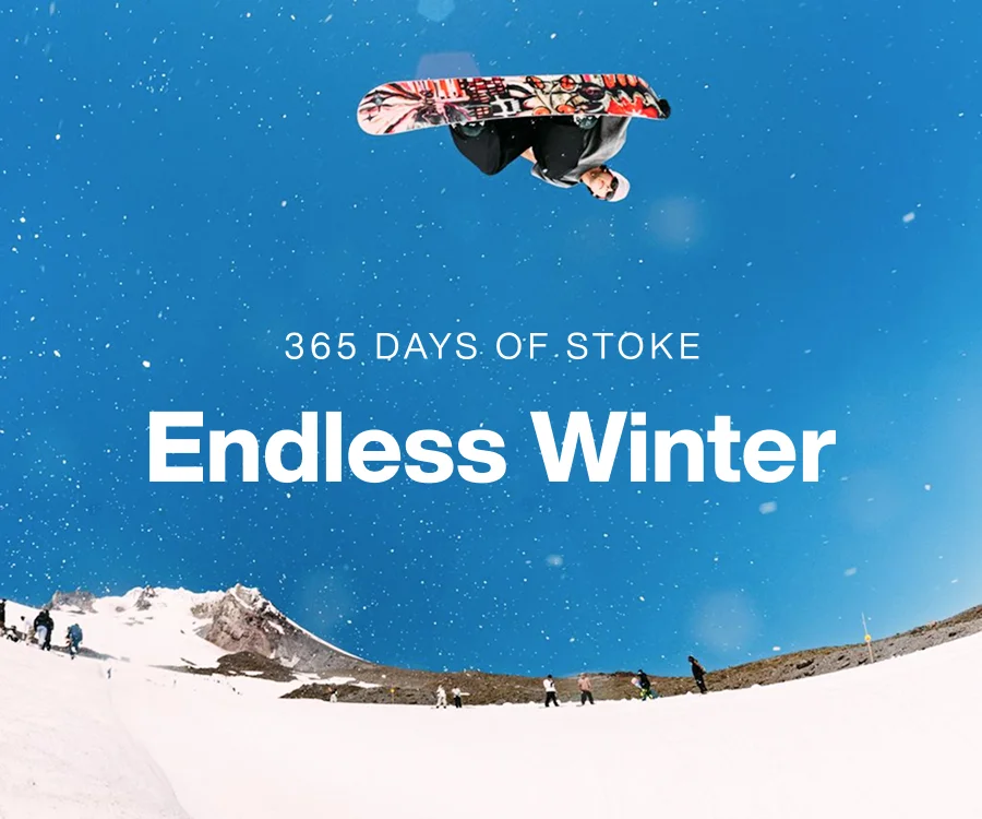 Image of a snowboarder in the park with the text 365 Days of Stoke: Endless Winter