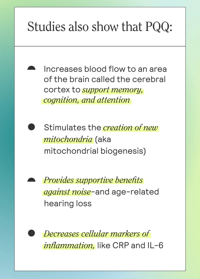 PQQ is a powerhouse of antioxidant defense against free radicals with a magnitude   100x more effective than Vitamin C.   Studies also show that PQQ: -Increases blood flow to an area of the brain called the cerebral cortex to support memory, cognition, and attention -Stimulates the creation of new mitochondria (aka mitochondrial biogenesis) -Decreases cellular markers of inflammation, like CRP and IL-6