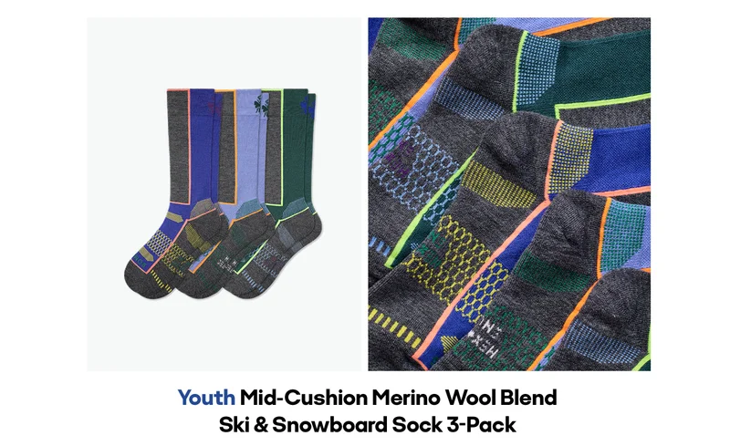 Youth Mid-Cushion Merino Wool Blend Ski & Snowboard Sock 3-Pack