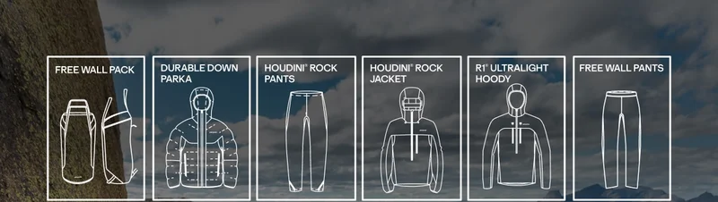 The Free Wall Kit includes the Durable Down Parka, Houdini Rock Jacket, R1 Ultralight Hoody, Free Wall Pack, Houdini Rock Pants and Free Wall Pants.