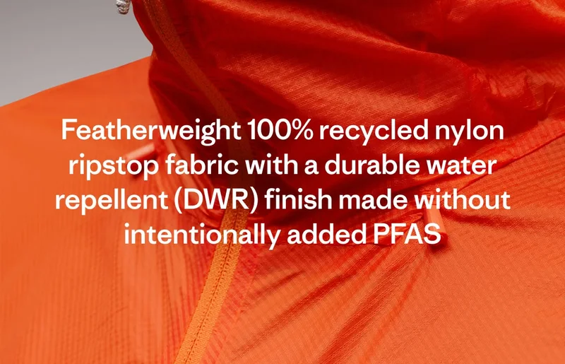 Featherweight 100% recycled nylon ripstop fabric with a durable water repellent (DWR) finish made without intentionally added PFAS