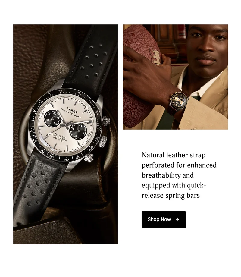 NATURAL LEATHER STRAP PERFORATED FOR ENHANCED BREATHABLITY AND EQUIP0PED WITH QUICK-RELEASE SPRING BARS | SHOP NOW