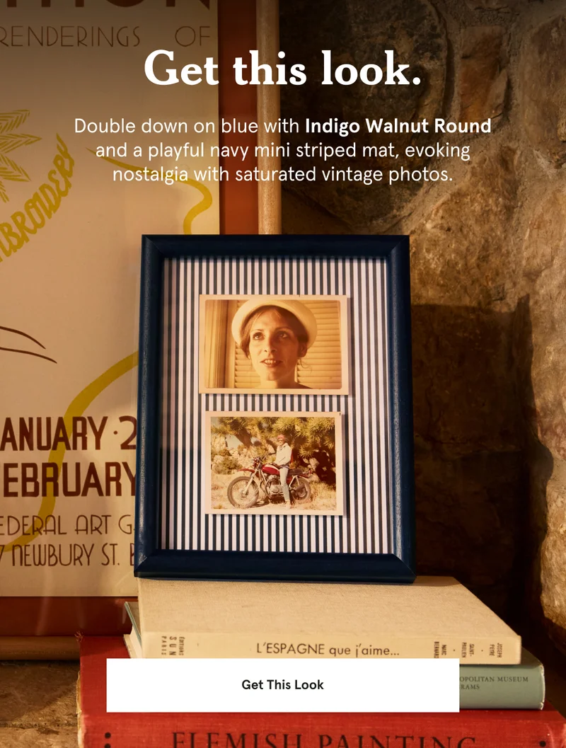 Get this look. Double down on blue with Indigo Walnut Round and a playful navy mini striped mat, evoking nostalgia with saturated vintage photos.