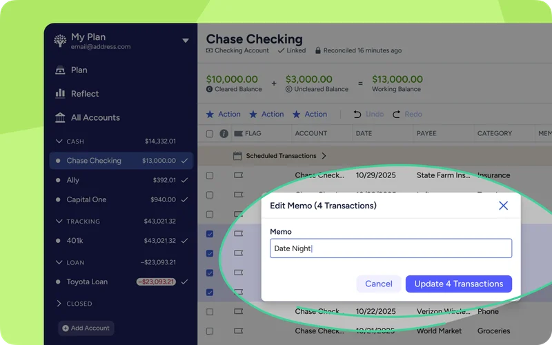 Multiple transactions selected in an account, with a edit field overlay where you can enter in a new memo and update all selected transactions.