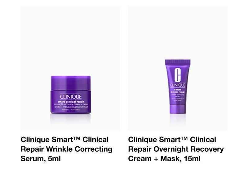 Clinique Smart™ Clinical Repair Wrinkle Correcting Serum,&nbsp;5ml&nbsp;| Clinique Smart™ Clinical Repair Overnight Recovery Cream + Mask,&nbsp;15ml