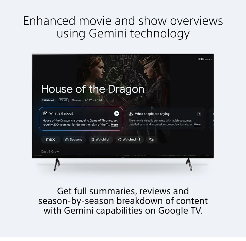 Enhanced movie and show overviews using Gemini technology | Get full summaries, reviews and season-by-season breakdown of content with Gemini capabilities on Google TV.