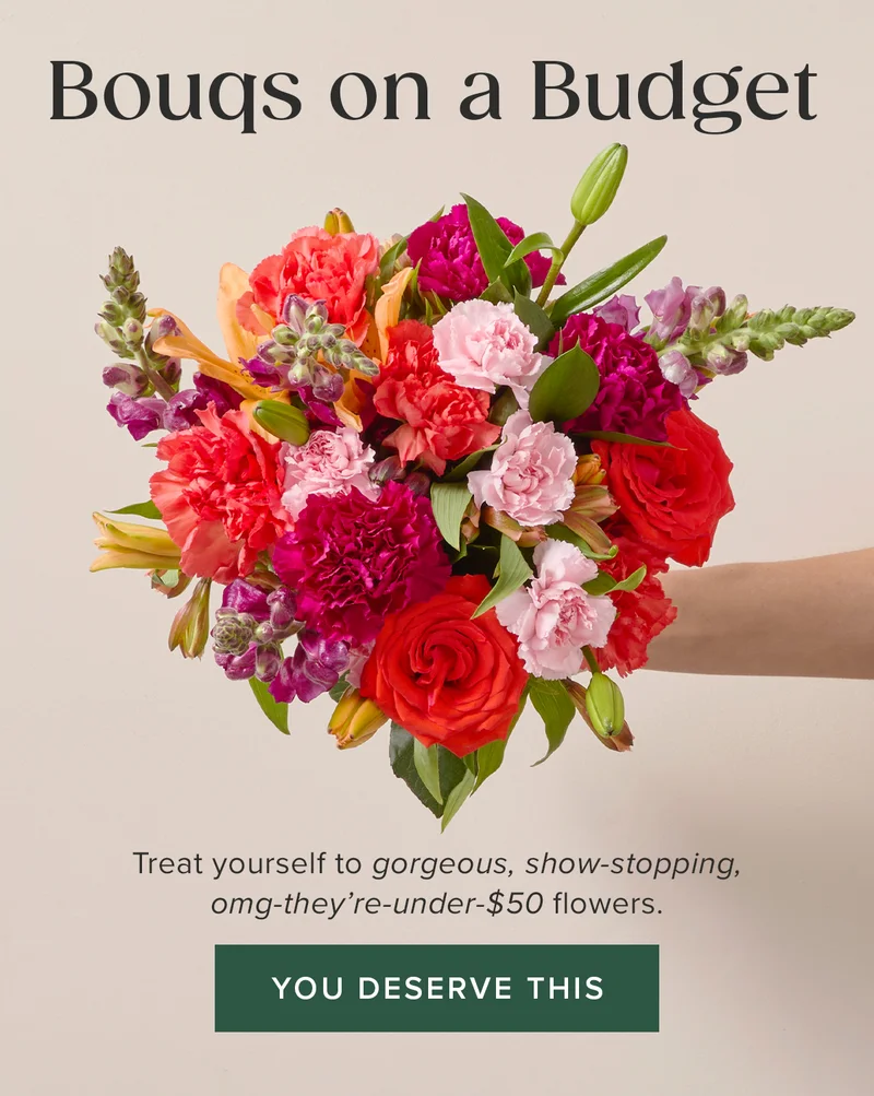 Bouqs on a Budget. Treat yourself to gorgeous, show-stopping, omg-they're-under-$50 flowers. You Deserve This.