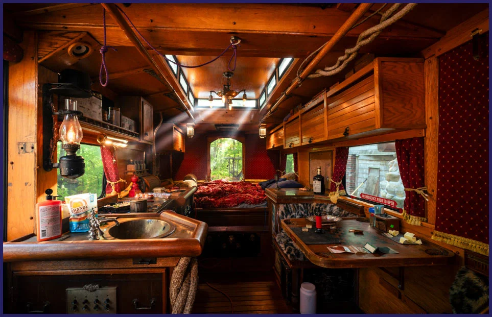 Photo of the interior of the trolley car.