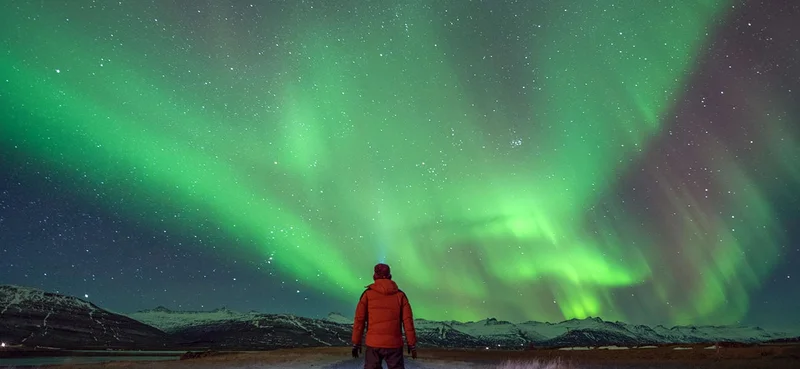 An individual standing, gazing at the magnificent Northern Lights from behind.