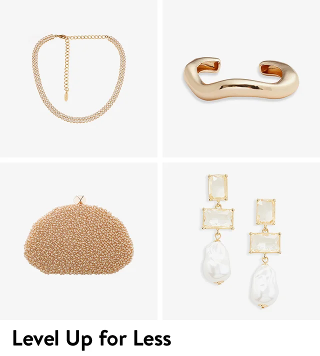 A bangle, clutch, necklace and earrings.