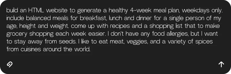 build an HTML website to generate a healthy 4-week meal plan, weekdays only. include balanced meals for breakfast, lunch and dinner for a single person of my age, height and weight. come up with recipes and a shopping list that to make grocery shopping each week easier. I don't have any food allergies, but I want to stay away from seeds. I like to eat meat, veggies, and a variety of spices from cuisines around the world.