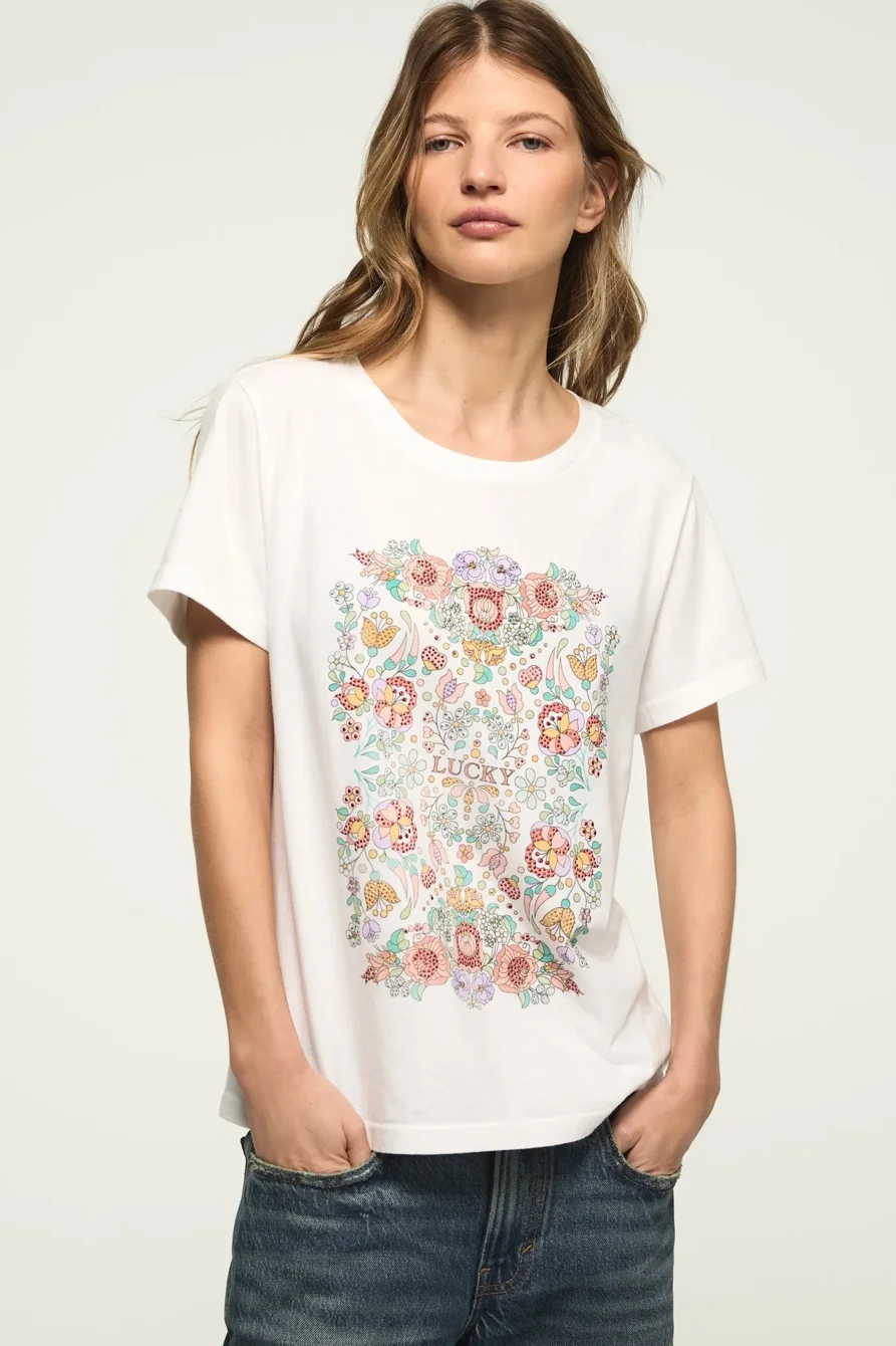 Image of Lucky Brand Floral Poster Embellished Classic Crew in Bright White