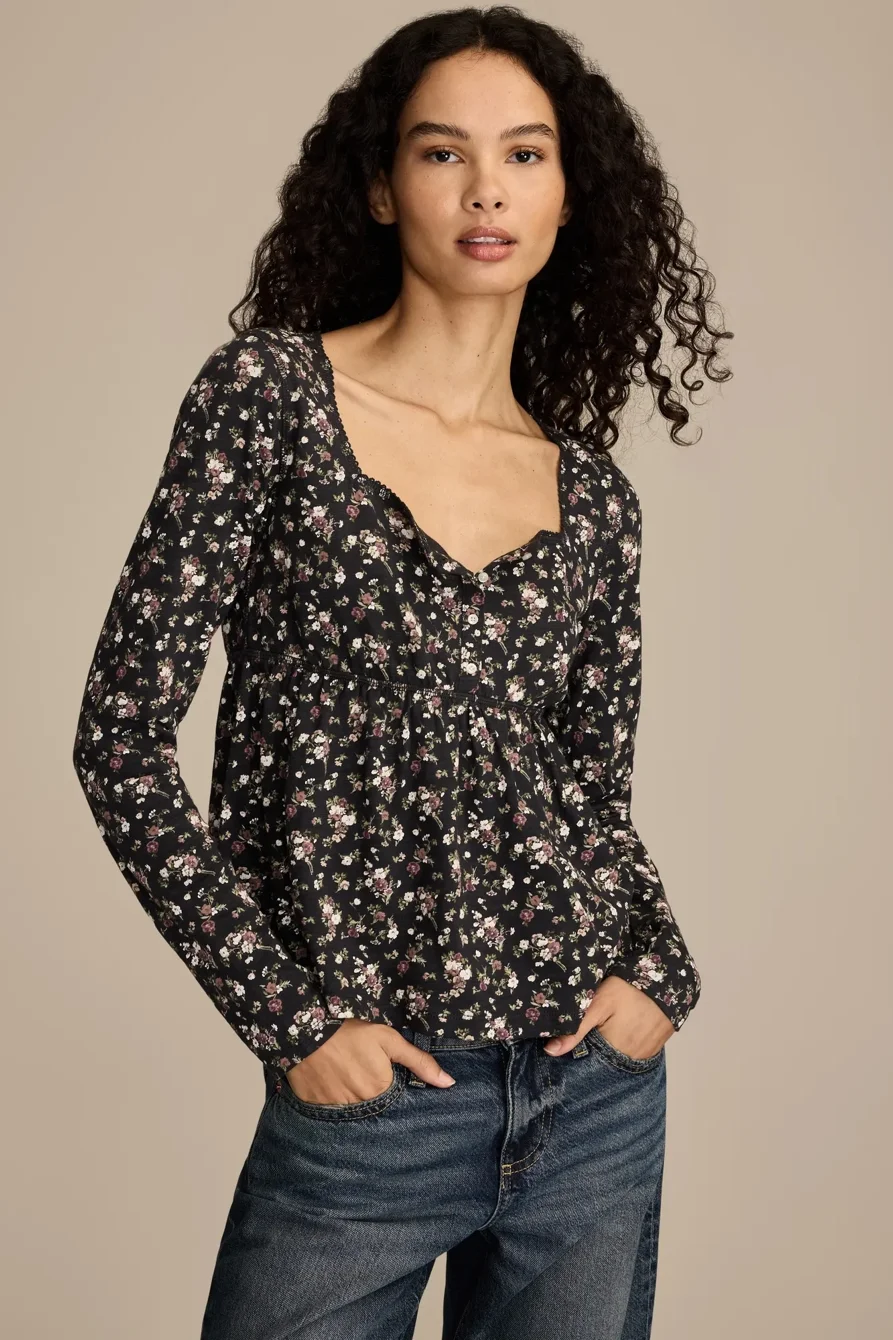 Image of Lucky Brand Babydoll Henley - Women's Clothing Tops Tees Henley Shirt in Black Floral