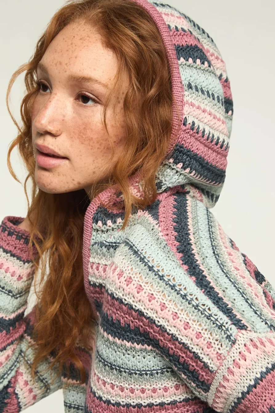 Image of Lucky Brand Crochet Baja Hoodie - Women's Clothing Outerwear Sweatshirts Crewneck Hoodies in Cadet Navy