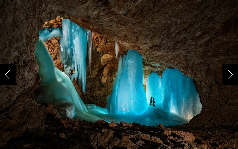 EISKOGELHÖHLE (AUSTRIA) Water percolating into freezing alpine caves like this one, high in the Tennen Mountains south of Salzburg, are a wonder.