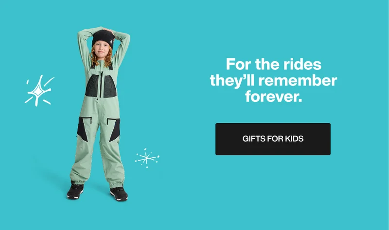 Model wearing Kids' Outerwear on the left. On the right, the text 'For the rides they'll remember forever. Gifts for Kids'.