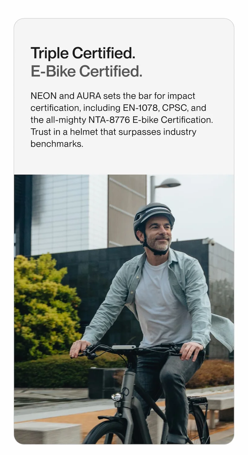 Man riding an e-bike wearing a UNIT 1 smart helmet. Text: Triple Certified. E-Bike Certified.