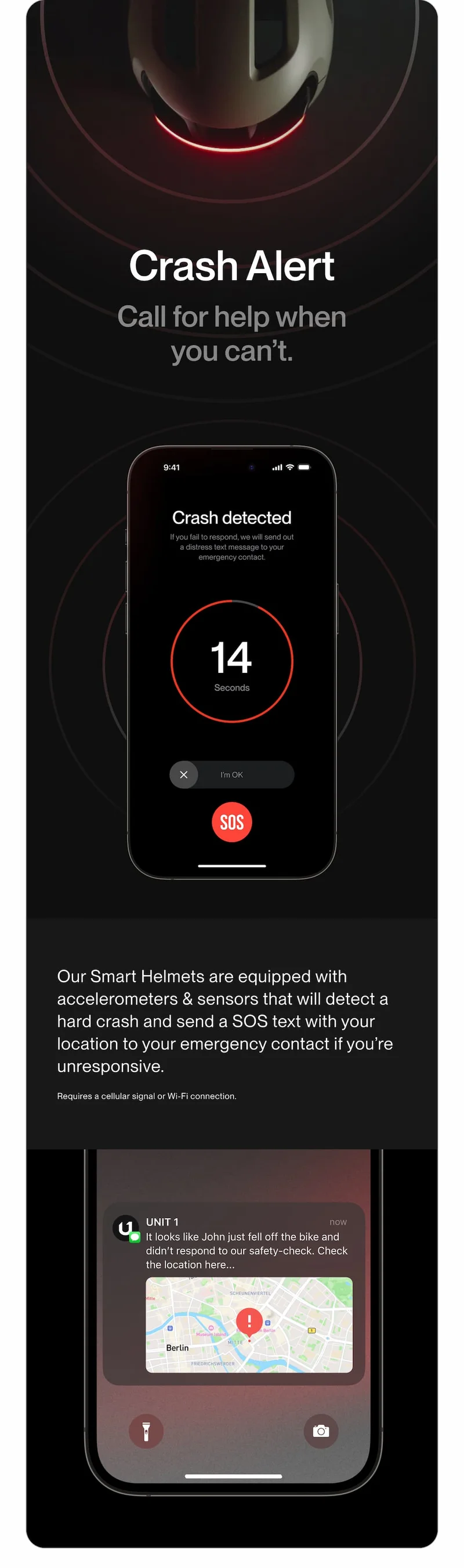 UNIT 1 crash alert notification on smartphone with map location and SOS warning.