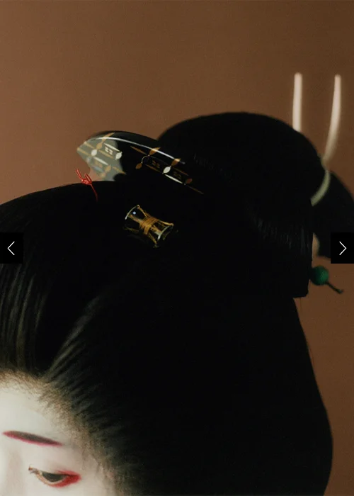 Detail of a Katsura, a geisha wig. Before WWII, geishas styled with their own hair, but the Katsura enabled them to maintain a polished traditional hairstyle without weekly restyling by an artisan.