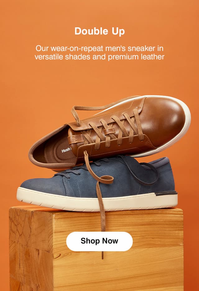 The Benji sneaker in wide-width Tan leather on top of the medium-width Benji in Navy suede. Shop Now.