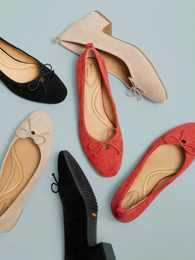 A spread of the suede Netty pump in Cranberry, Black and Hint—a taupe shade.
