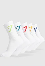 Crew Socks 5pk GS White with Yellow/Blue/Zesty Red/Green/Seafoam Blue.
