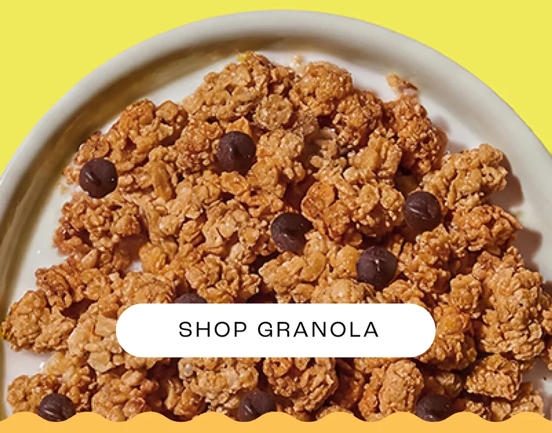 What's yellow, curvy, and begins with B? Bananas.  What goes great with chocolate? Bananas.   What does our Banana & Chocolate granola have in it? Chocolate... and bananas.