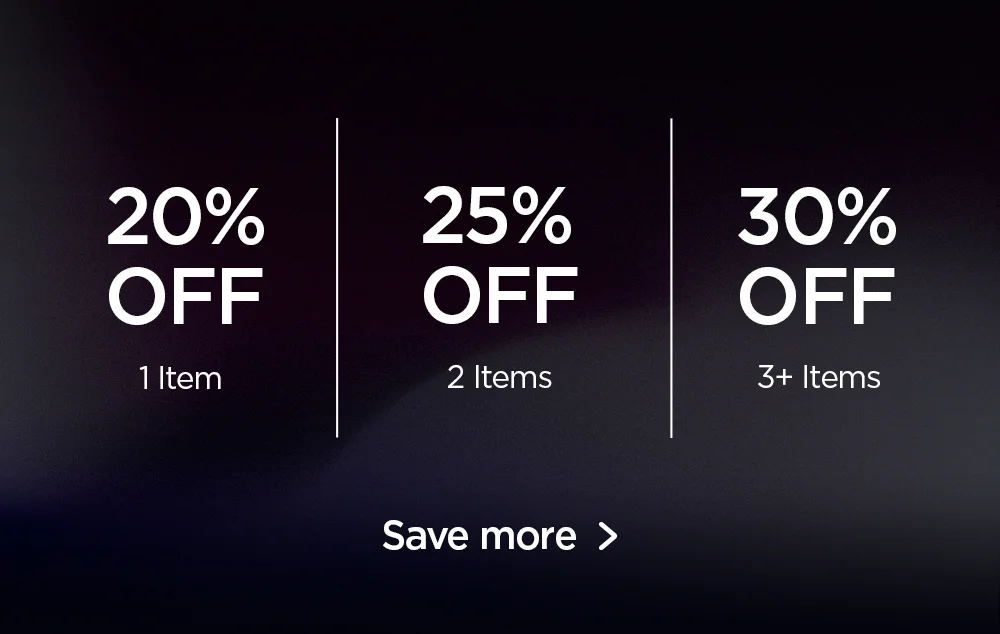 20% off 1 item, 25% off 2 items, 30% off 3+ items.