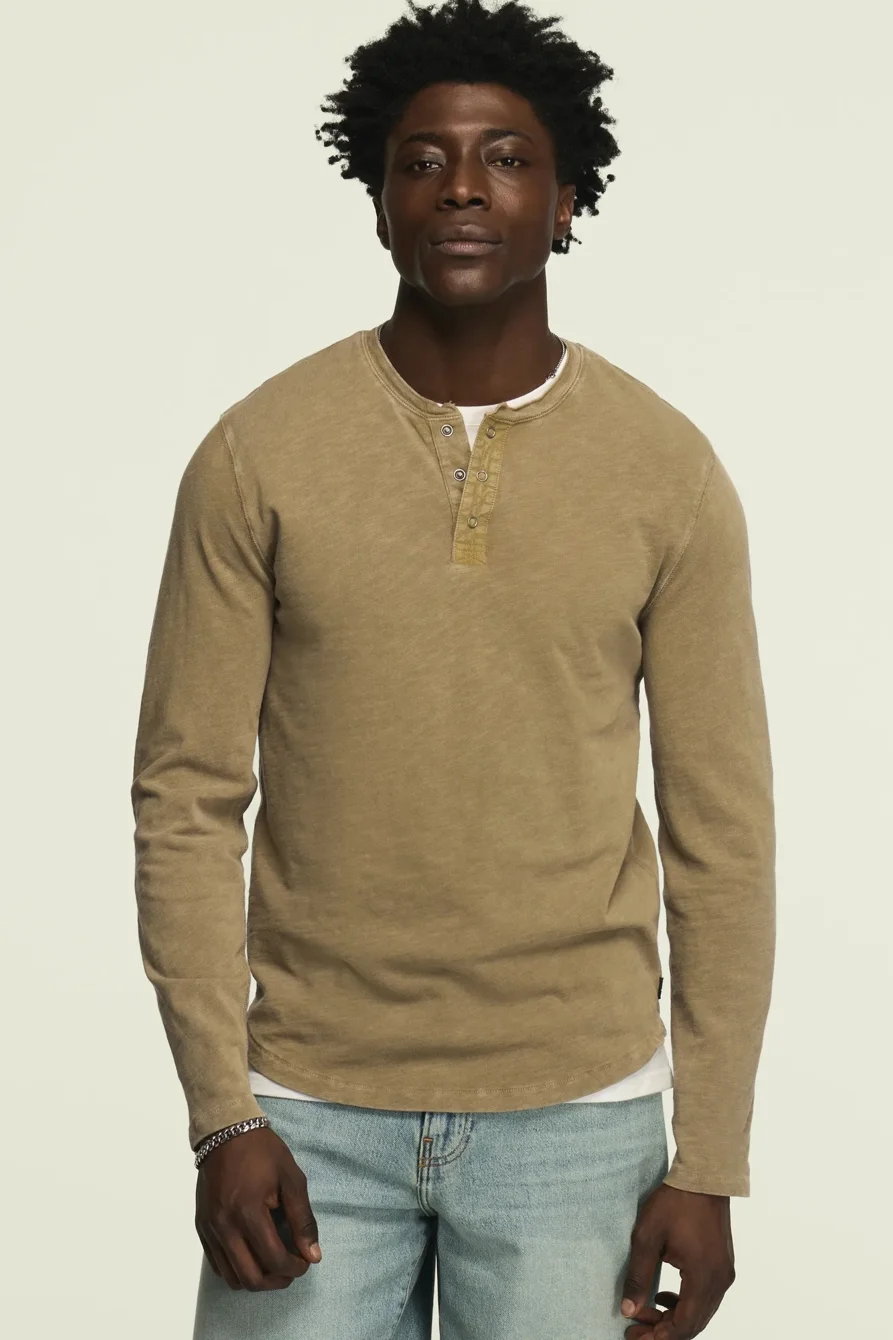 Image of Lucky Brand Long Sleeve Weekend Slub Henley - Men's Clothing Tops Tees Henley Shirt in Timber Wolf