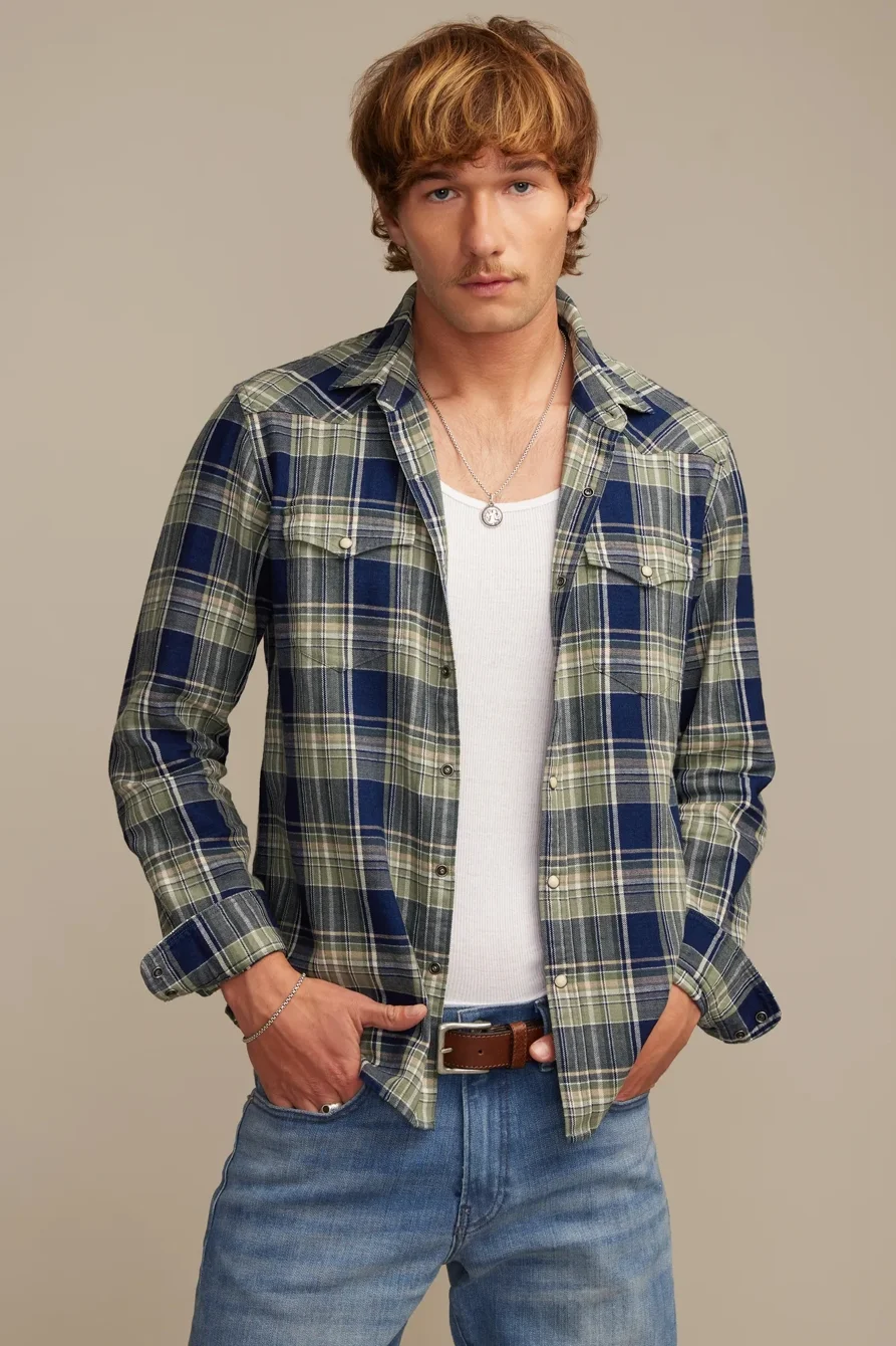 Image of Lucky Brand Long Sleeve Indigo Plaid Mesa Western Shirt - Men's Clothing Outerwear Shirt Jackets in Green Multi