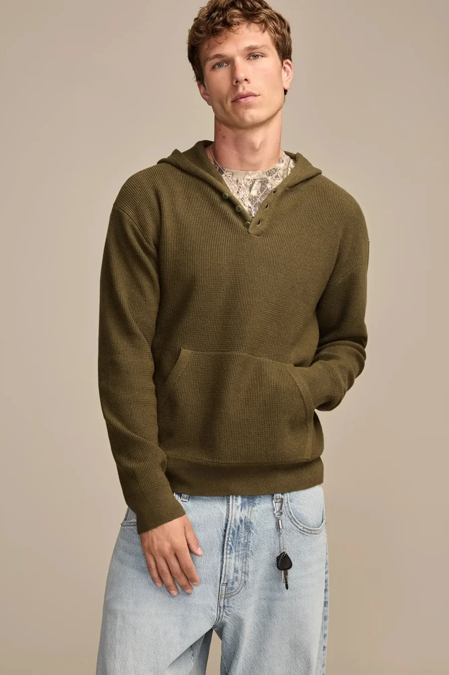 Image of Lucky Brand Henley Hoodie - Men's Clothing Tops Tees Henley Shirt in Caviar
