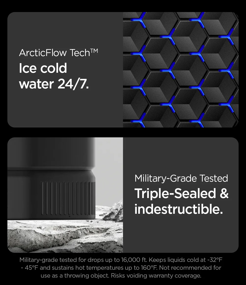ArcticFlow Tech™ Ice cold water 24/7.   Military-Grade Tested Triple-Sealed & indestructible.