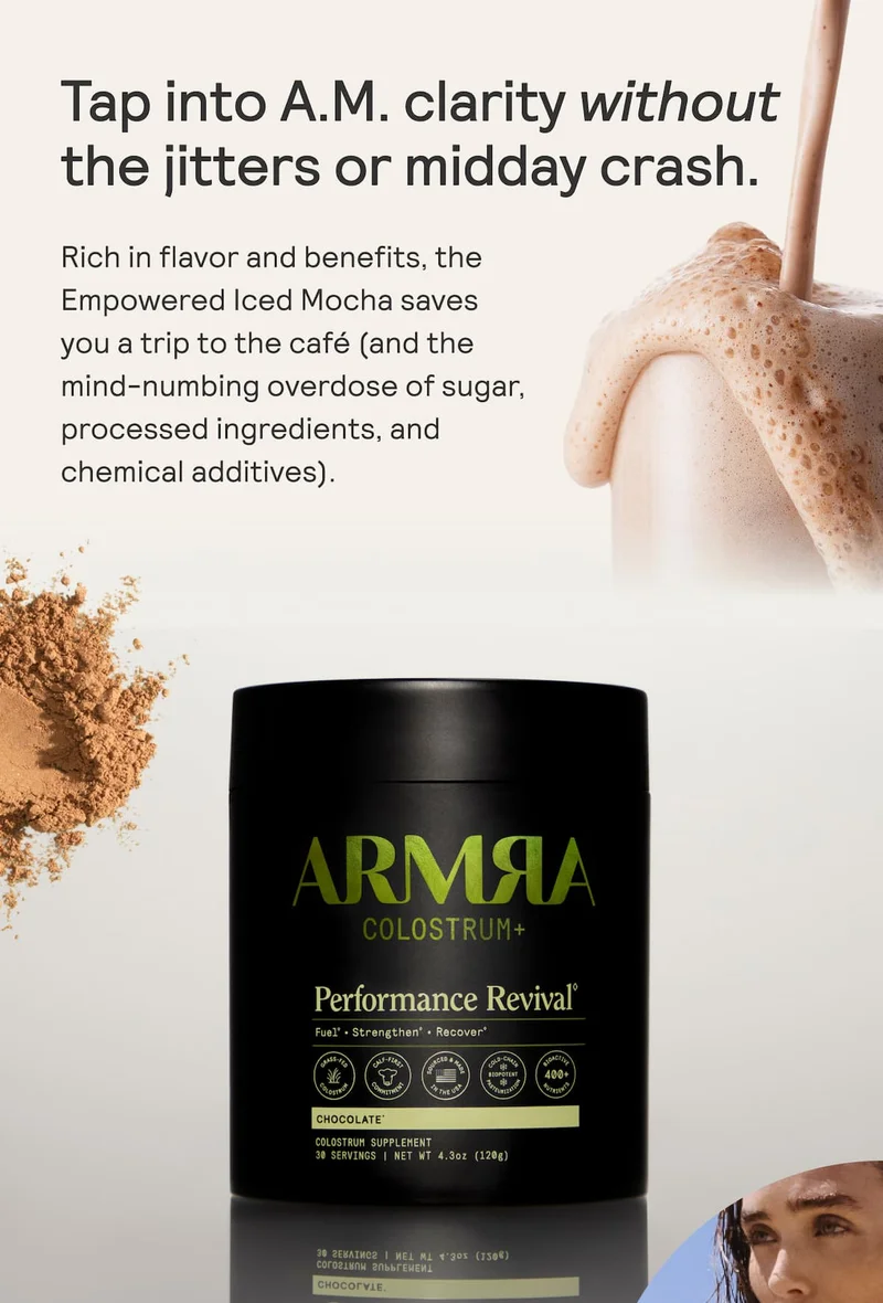 ARMRA Colostrum+ Performance Revival chocolate supplement next to a frothy iced mocha. Text highlights “Tap into A.M. clarity without the jitters or midday crash.”