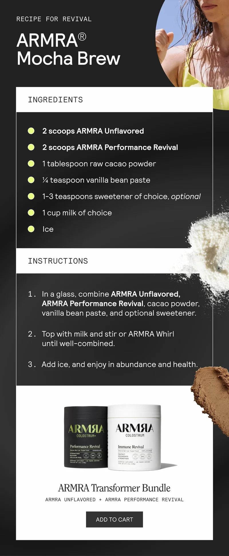 Recipe card titled “ARMRA Mocha Brew” with ingredient list and steps. Below are ARMRA Performance Revival and Immune Revival products labeled as the “ARMRA Transformer Bundle.”