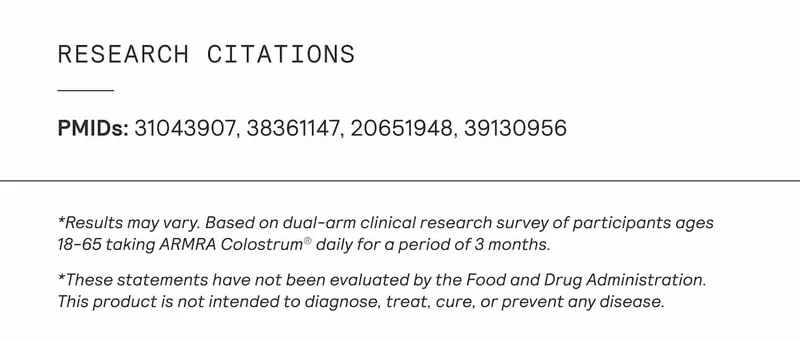 Text showing research citations with PMIDs 31043907, 38361147, 20651948, and 39130956, followed by a clinical study note and standard FDA disclaimer.