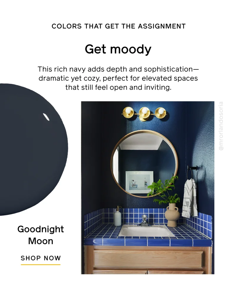 COLORS THAT GET THE ASSIGNMENT. Get moody. This rich navy adds depth and sophistication—dramatic yet cozy, perfect for elevated spaces that still feel open and inviting. Goodnight Moon SHOP NOW