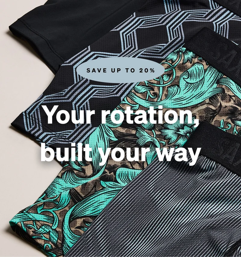 Four patterned boxer briefs layered on a light background. Text reads “Save up to 20%” and “Your rotation, built your way.”