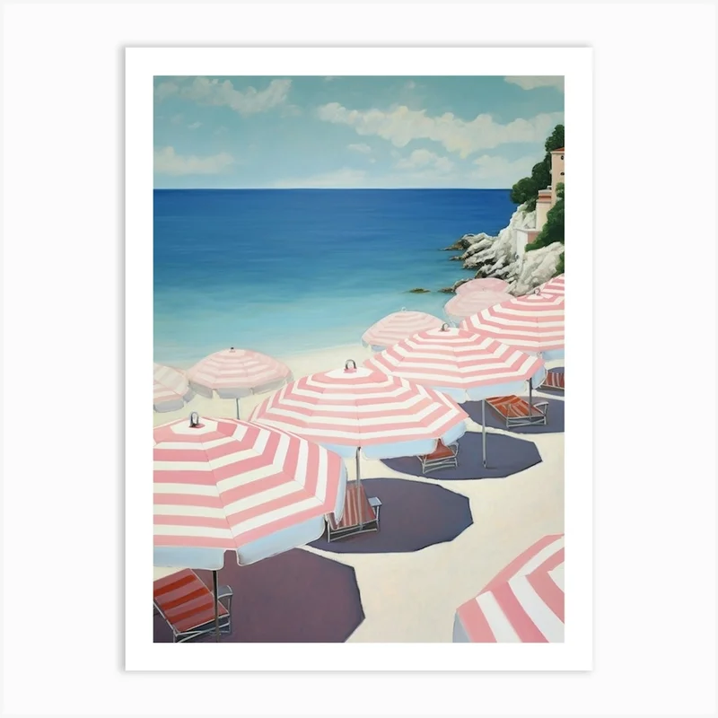 Image of Striped Pink And White Beach Umbrellas In Italy 2 Art Print