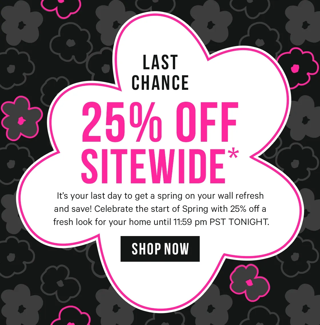 Last Day for 25% off Sitewide*  It's the last day for great deals on your spring refresh - 25% off ends at 11:59 pm PST
