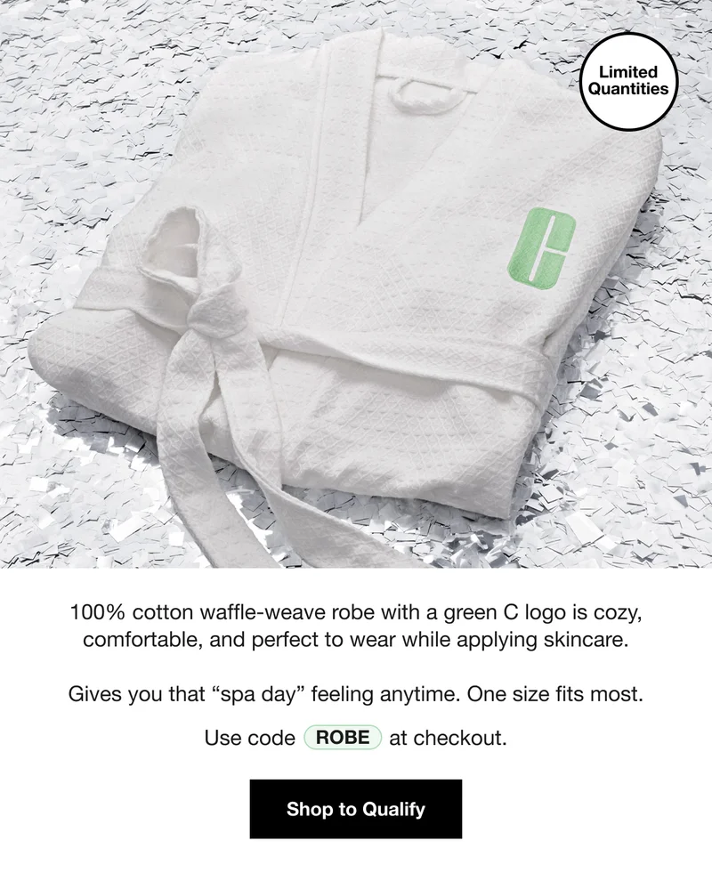 Limited Quantities | 100% cotton waffle-weave robe with a green C logo is cozy, comfortable, and perfect to wear while applying skincare. | Gives you that spa day feeling anytime. One size fits most. | Use code ROBE at checkout. | Shop to Qualify