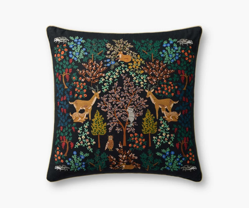Image of Woodland Forest Embroidered Pillow - Charcoal