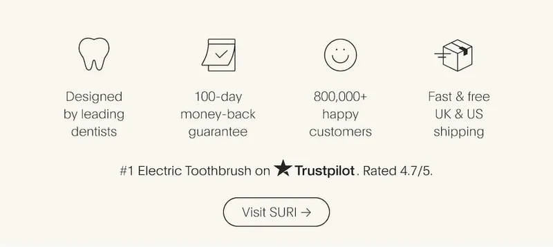 Our credentials - 500K happy customers, fast and free UK & US shipping, designed by leading dentists, and 100 day money back guarantee. Rated 4.7/5 on Trustpilot.