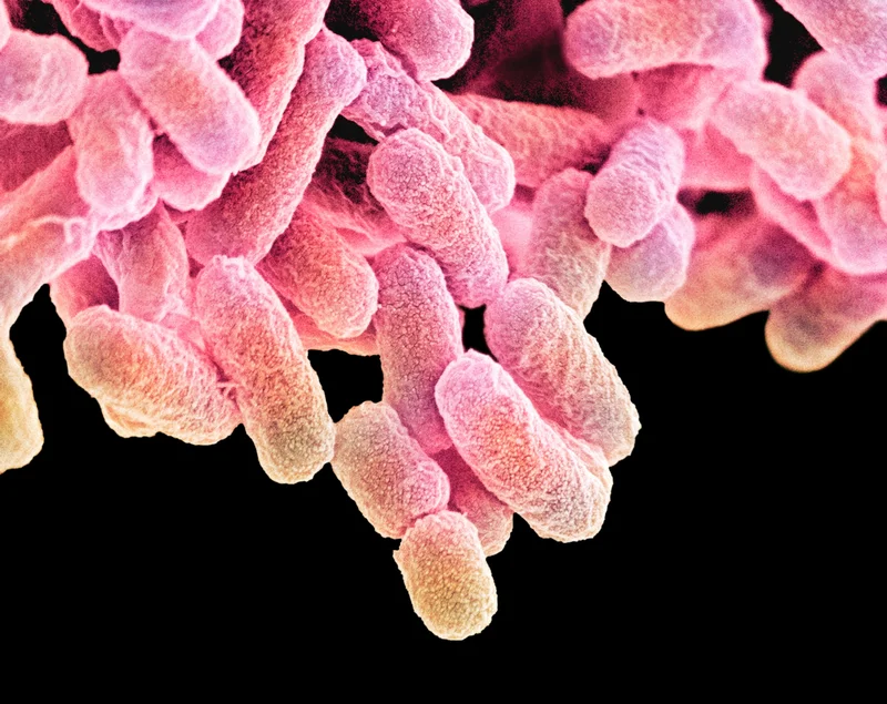E. coli, pictured here, are rod-shaped bacteria that are part of the normal flora of the human gut. When you eat lots of sugary foods, it can disrupt the balance of bacteria, viruses, fungi, and other microorganisms that make up your gut microbiome.